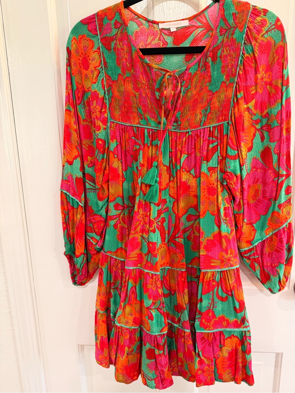 Olivaceous Green, Pink & Orange Floral Long Sleeve Tiered Dress